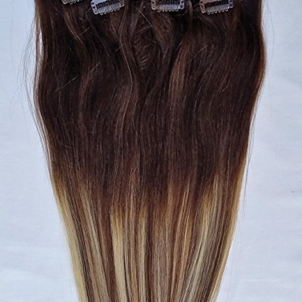 18" 100% Clip in Human Hair Extensions 7Pcs,14 clips # T2-6/613 - Picture 2 of 3